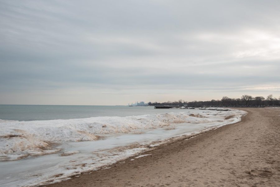 Lake Michigan with waves crashing onto a beach.